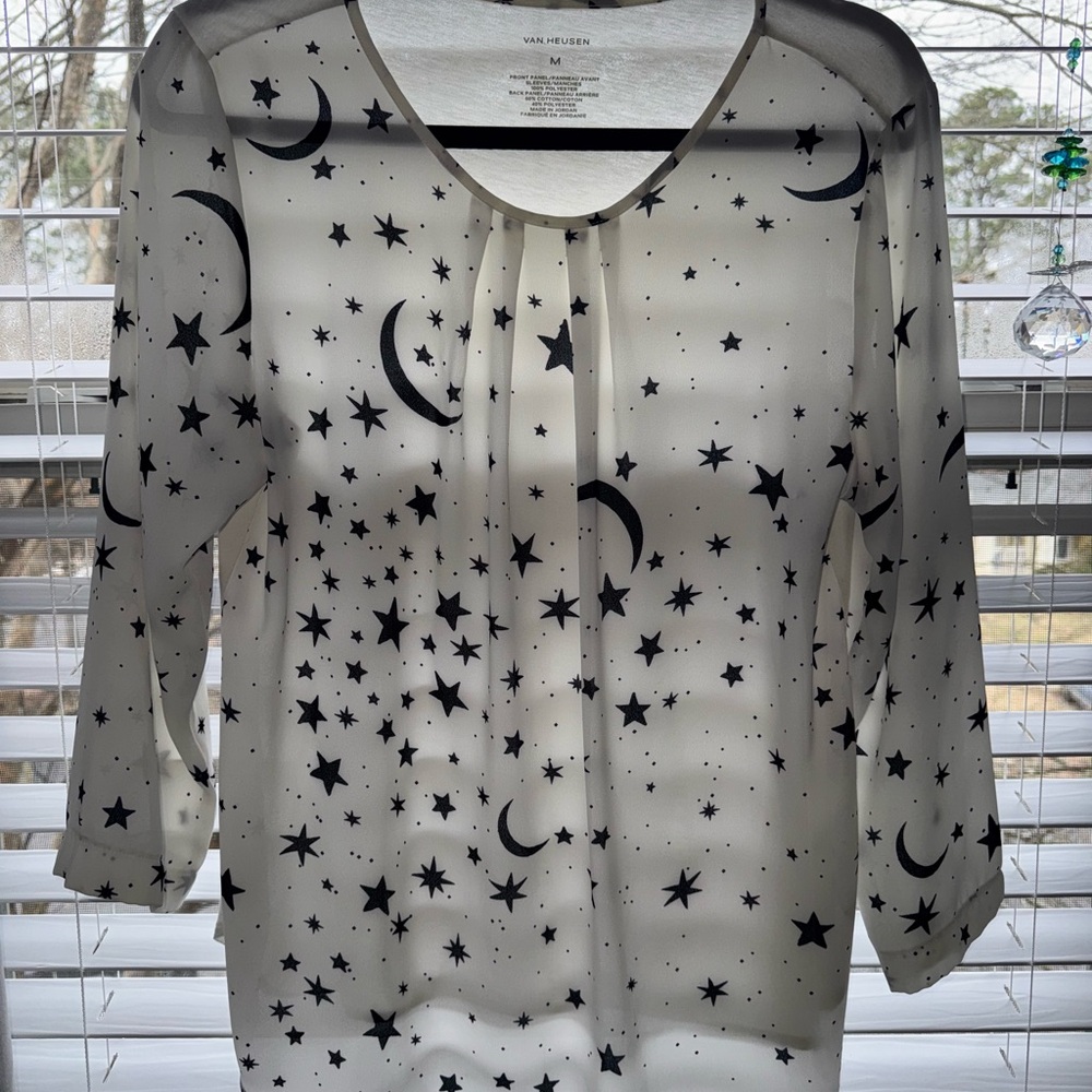 Van Heusen Women's Black and White Star and Moon Print Top